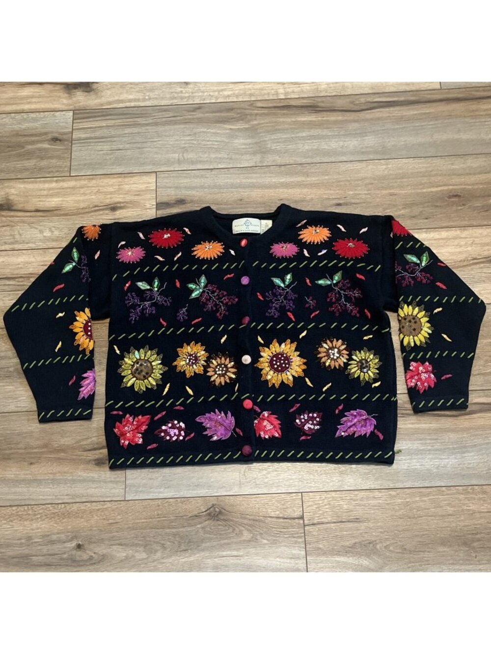 Designs Options Floral Cardigan Sweater SZ XL Black Beaded Sunflower Garden